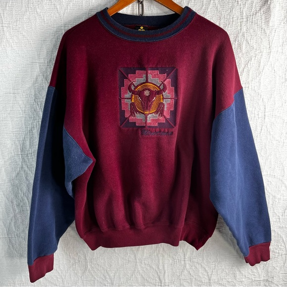 HL Miller Gold Tops - Vintage H L Miller Gold Montana Sweatshirt XL Western Maroon Blue 80s Oversized